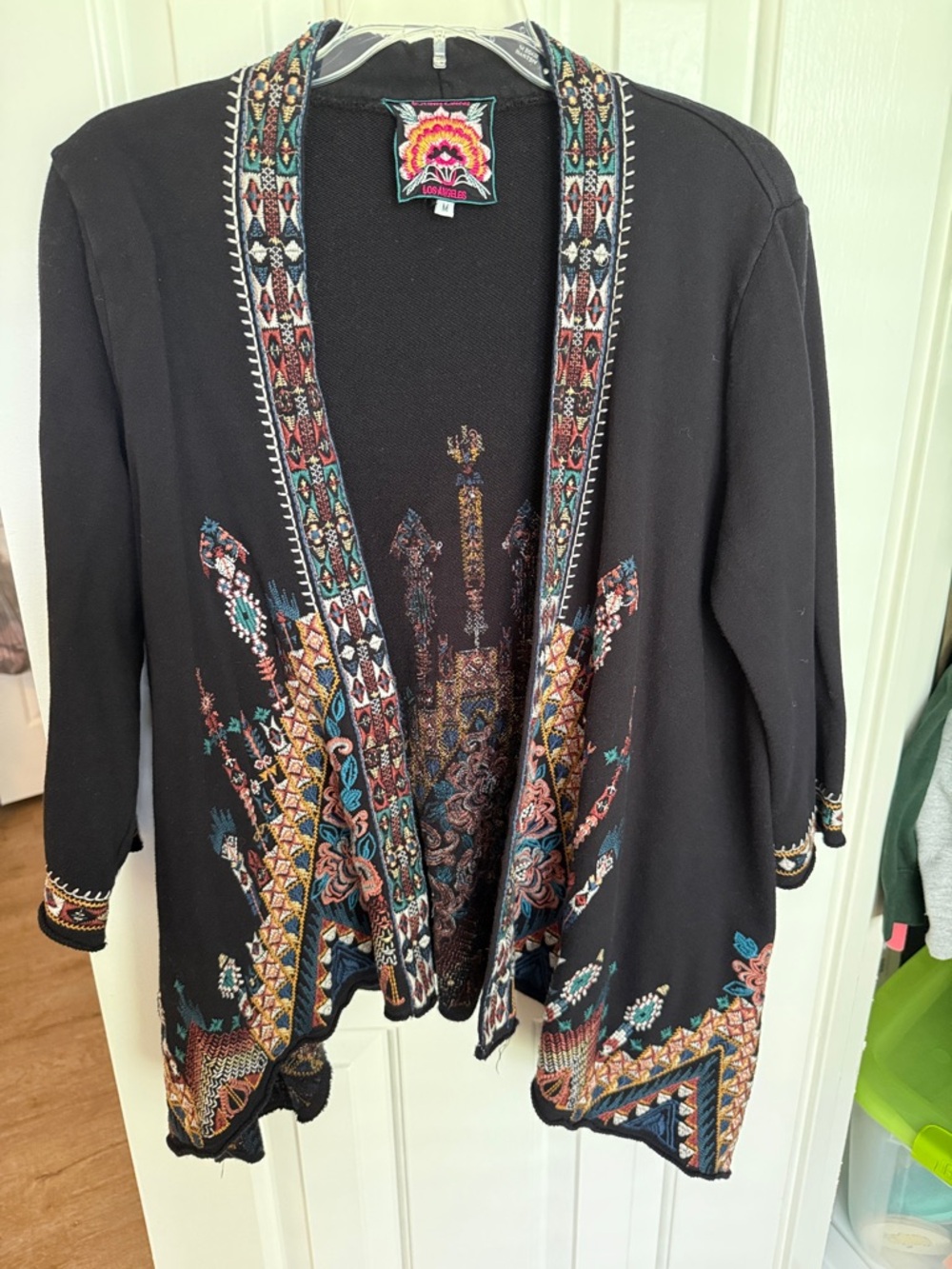Johnny Was Black Cardigan with Multicolor Embroidered Trim